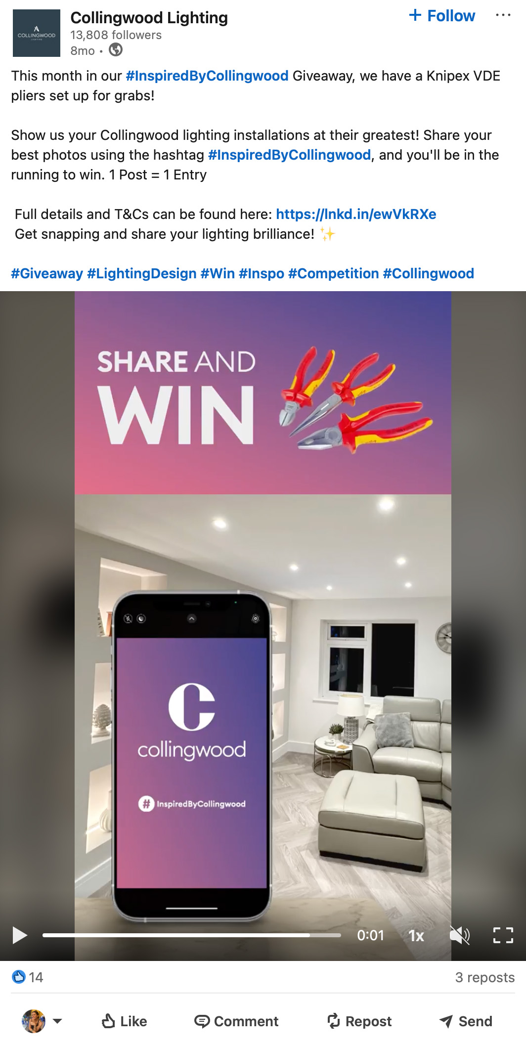 LinkedIn giveaway post from Collingwood Lighting asking users to share lighting photos with the hashtag InspiredByCollingwood