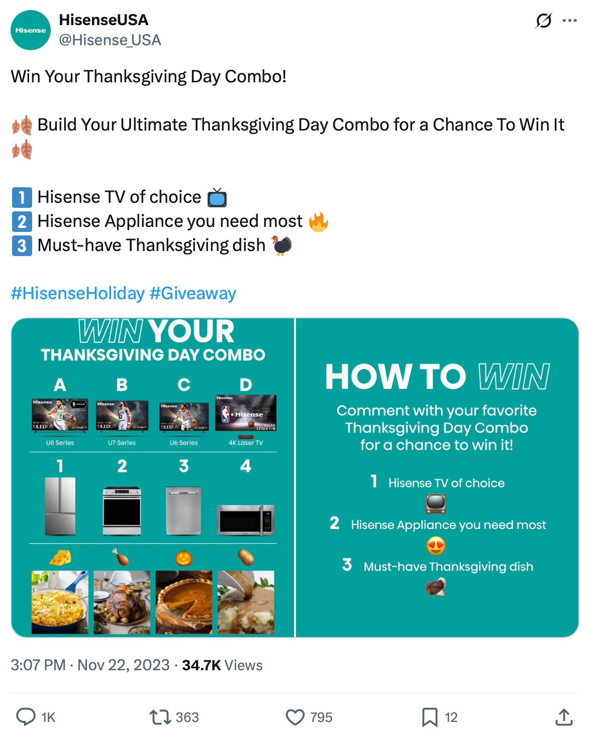 Hisense USA Thanksgiving giveaway post on X asking followers to build their ultimate combo of a TV, appliance, and Thanksgiving dish for a chance to win
