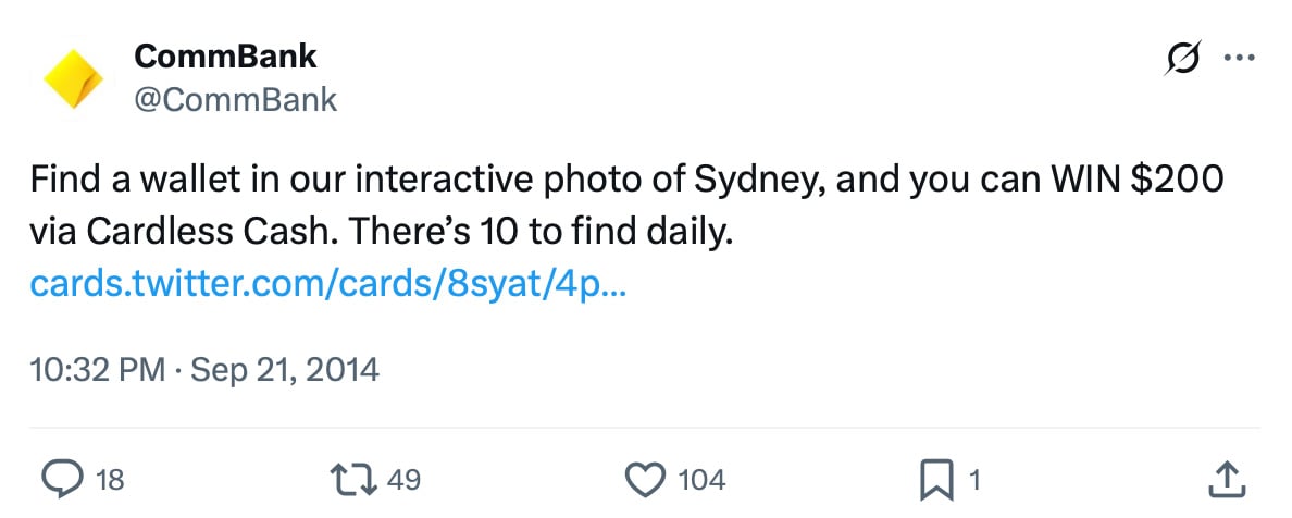 Commonwealth Bank giveaway promotion on Twitter