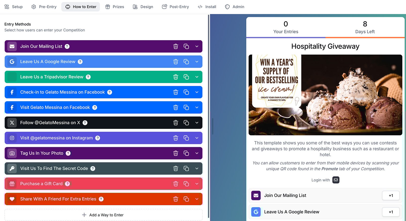 Gleam competition setup screen showing multiple entry methods for a hospitality giveaway, including social actions and email signup options