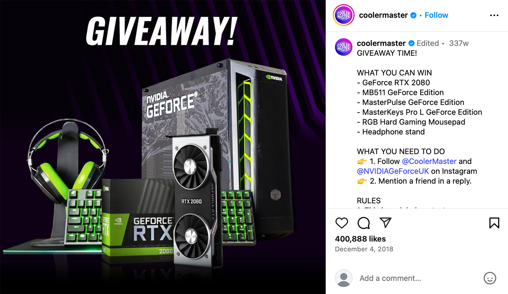 Cooler Master Instagram post promoting a gaming hardware giveaway with branded accessories