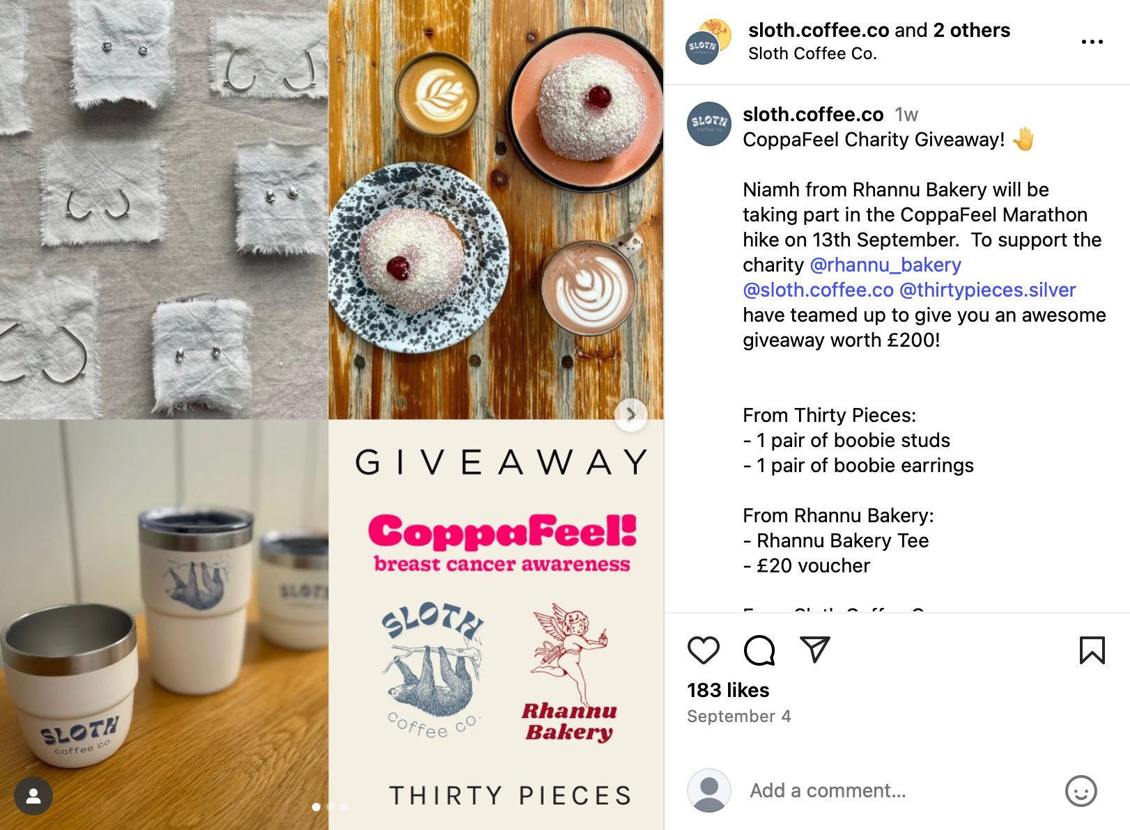 Example of Sloth Coffee Co. charity giveaway post supporting CoppaFeel breast cancer awareness