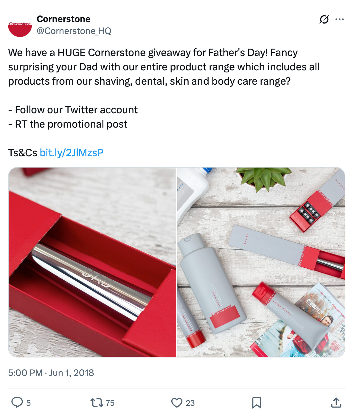 Cornerstone shaving and skincare products laid out on wood with red packaging