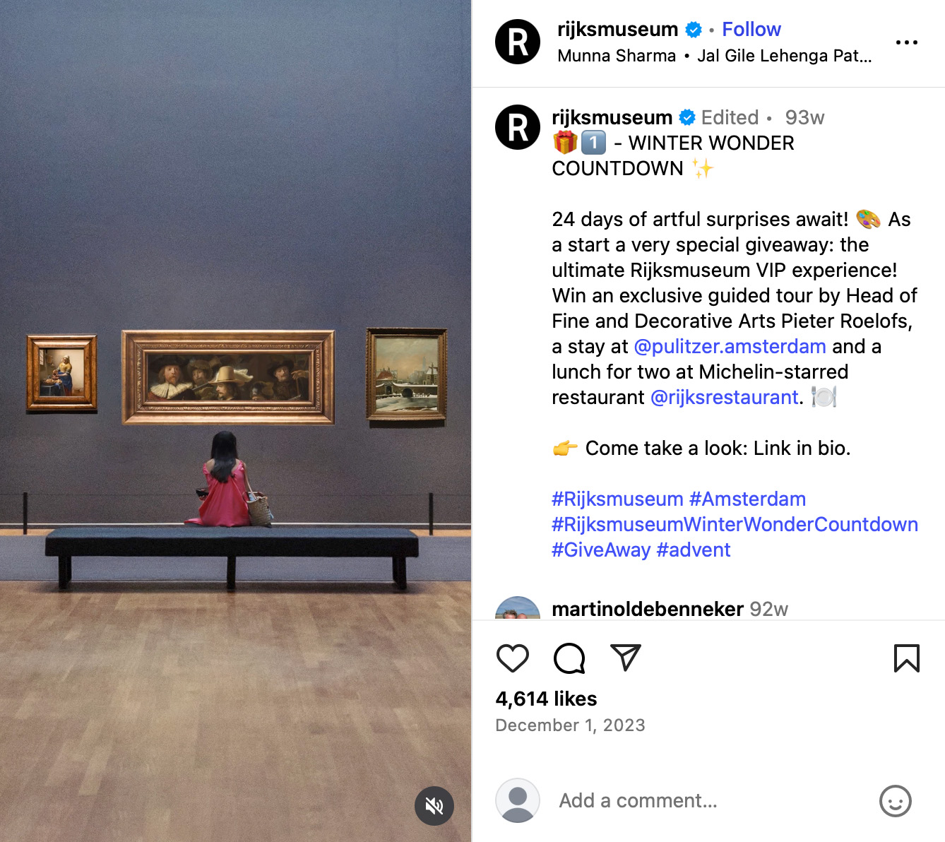 Instagram post from the Rijksmuseum promoting their Winter Wonder Countdown giveaway with an image of a visitor sitting in front of Rembrandt’s The Night Watch