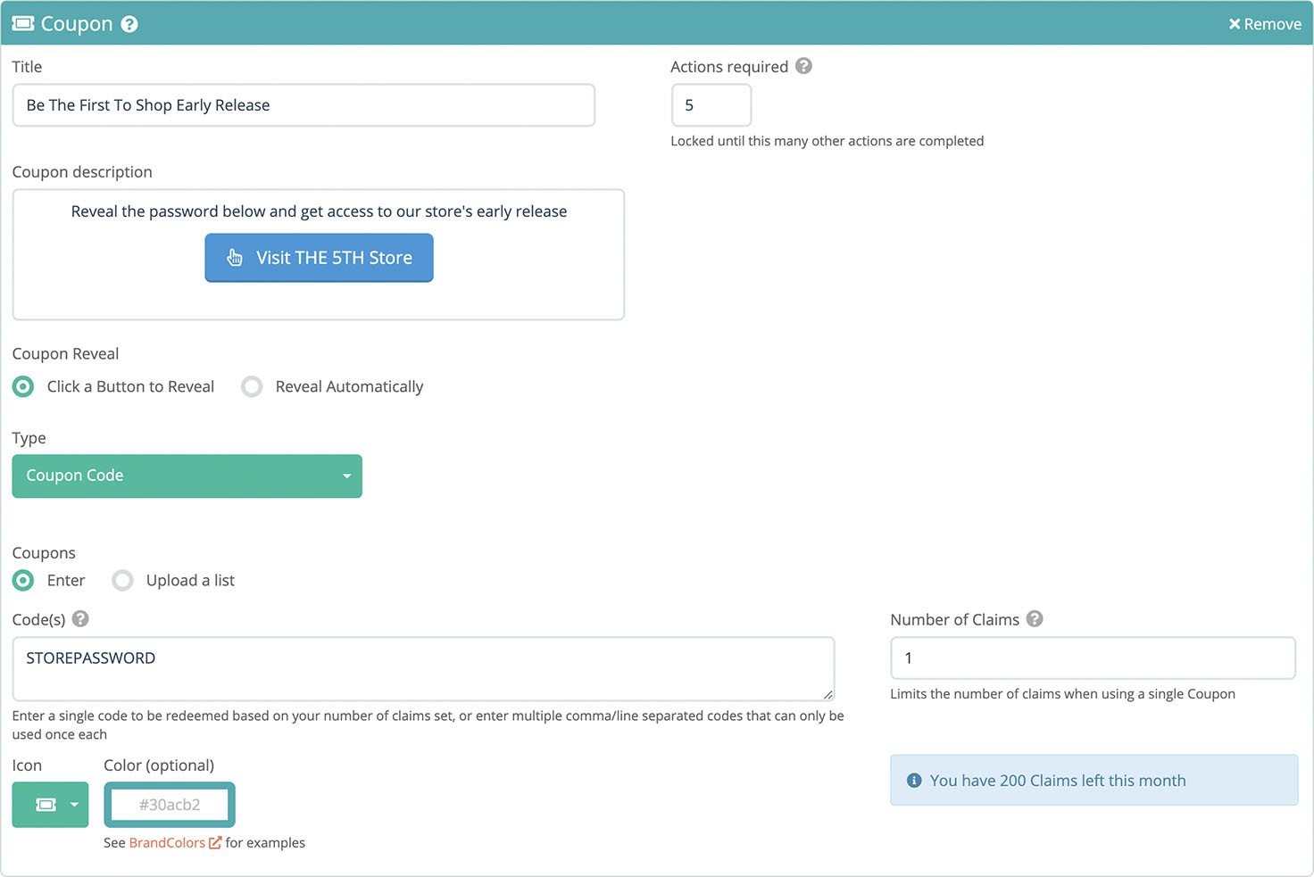 Set up Coupon Action for Shopify store password