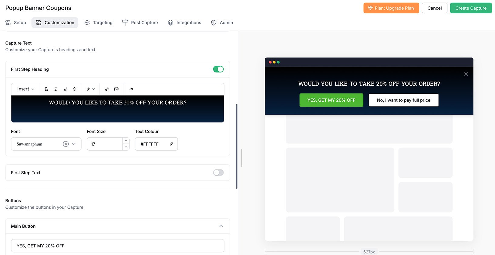 Customising a Gleam Coupon Capture bar with a first step heading and CTA button
