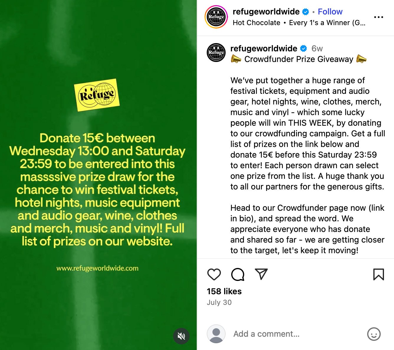 Instagram post from Refuge Worldwide promoting a crowdfunding giveaway tied to donations with festival tickets and merch prizes