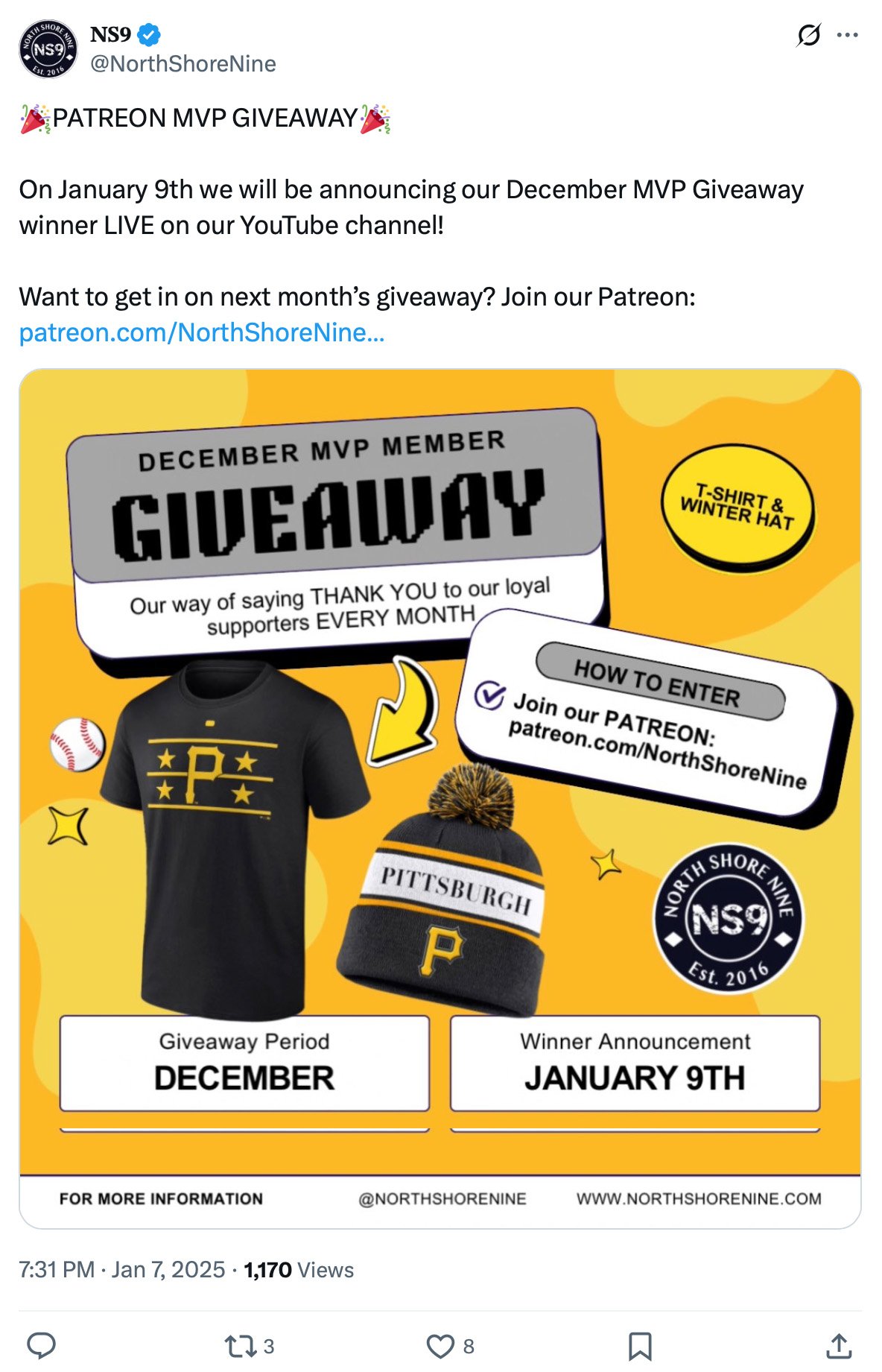 Tweet by @NorthShoreNine announcing a Patreon MVP giveaway with prizes including a Pittsburgh T-shirt and winter hat, and details about the December giveaway period and January 9th winner announcement