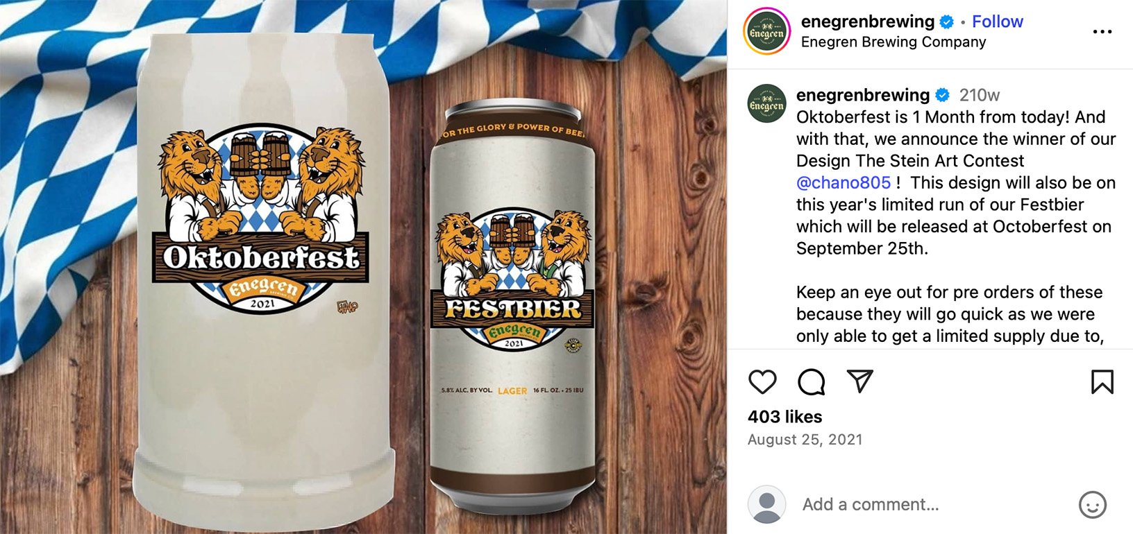 Custom Oktoberfest stein and beer can featuring lion artwork from a design contest