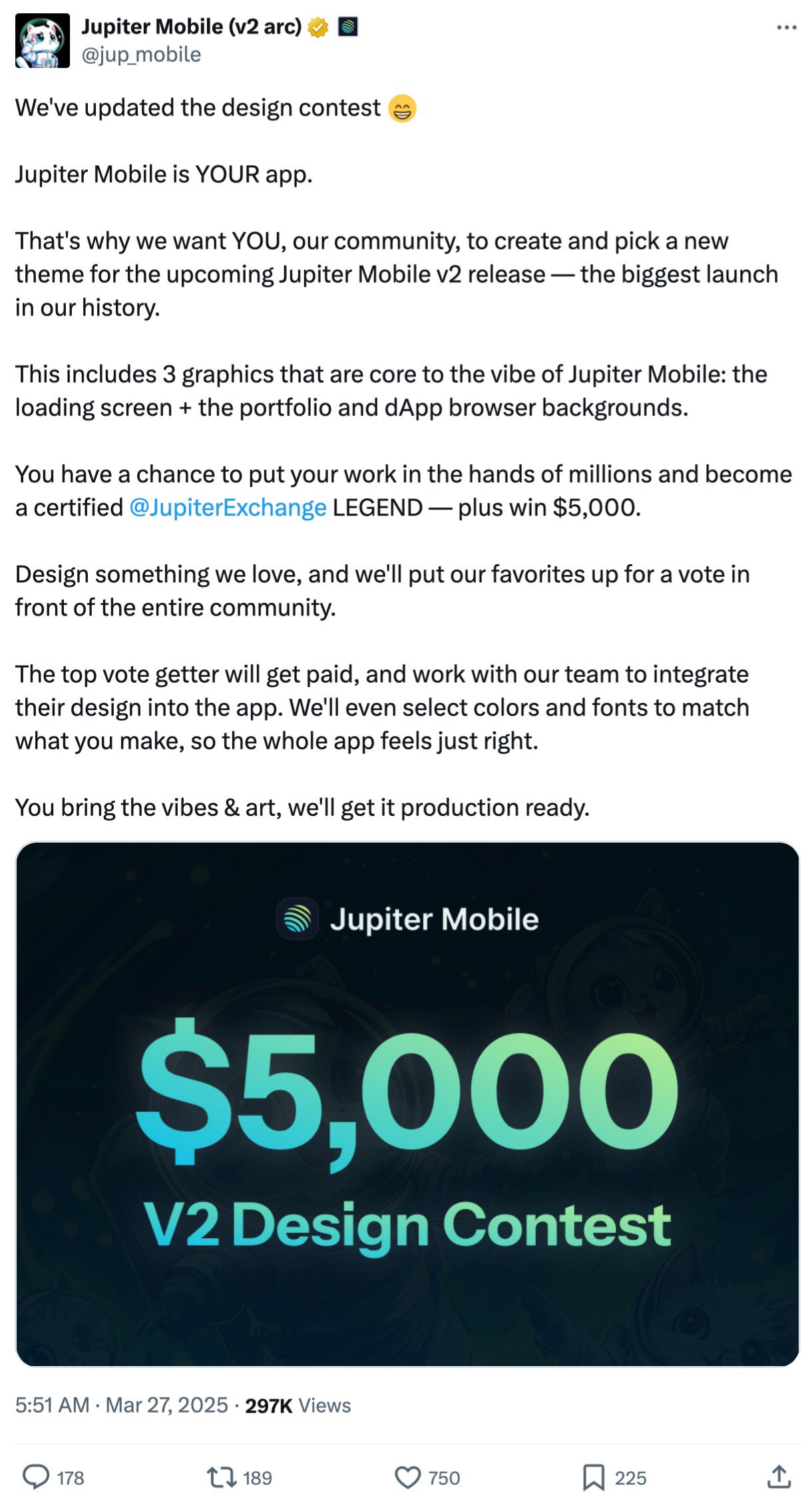 Tweet from Jupiter Mobile announcing a $5,000 design contest asking the community to create app graphics