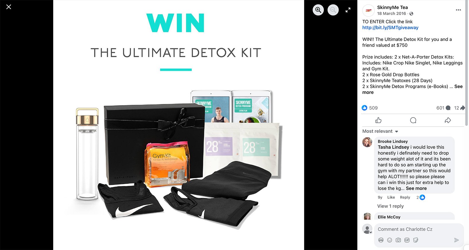 SkinnyMe Tea Facebook post featuring a detox kit giveaway promotion