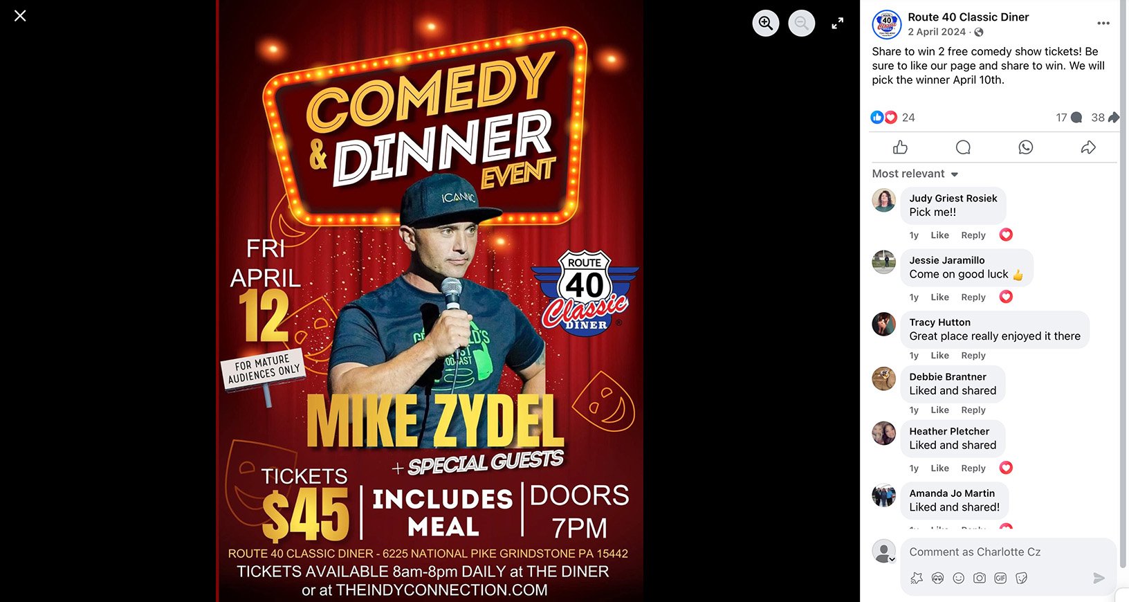 Comedy and Dinner event poster featuring Mike Zydel on red background with giveaway text