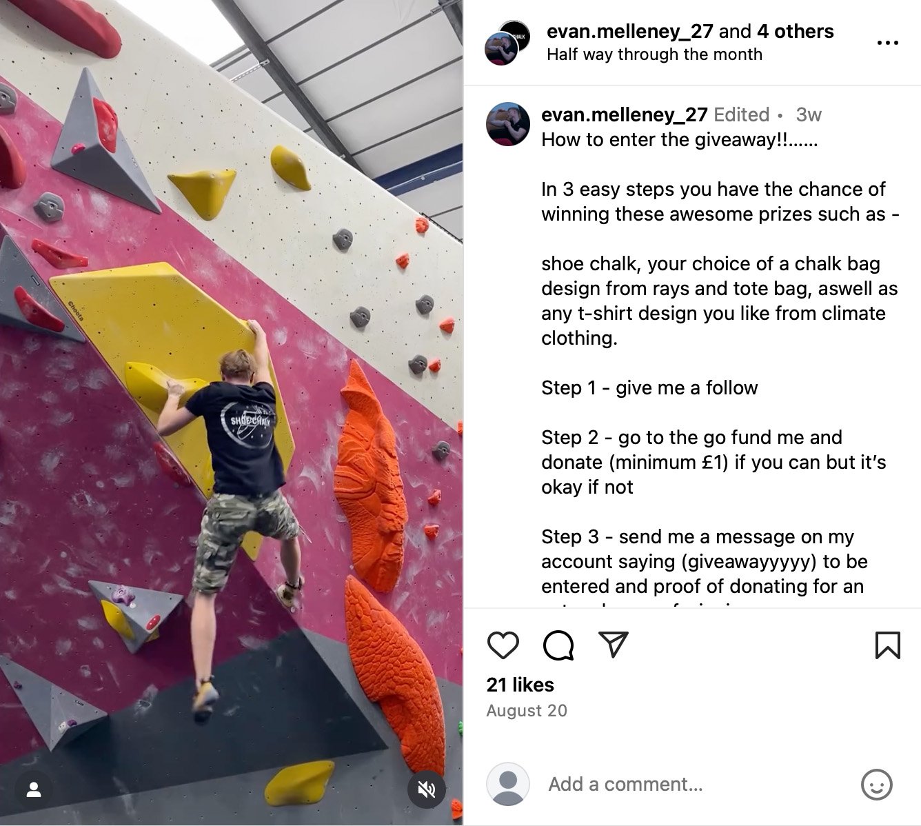 Instagram reel showing a climbing giveaway fundraiser with entry instructions