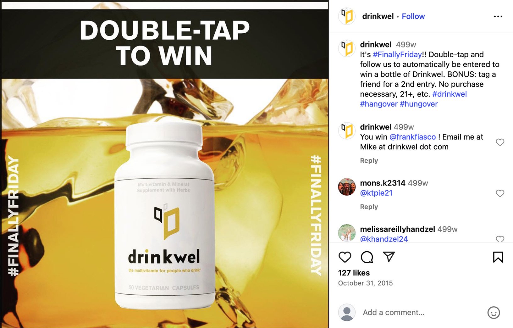 Drinkwel supplement bottle on a gold background with the text 'Double-Tap to Win'