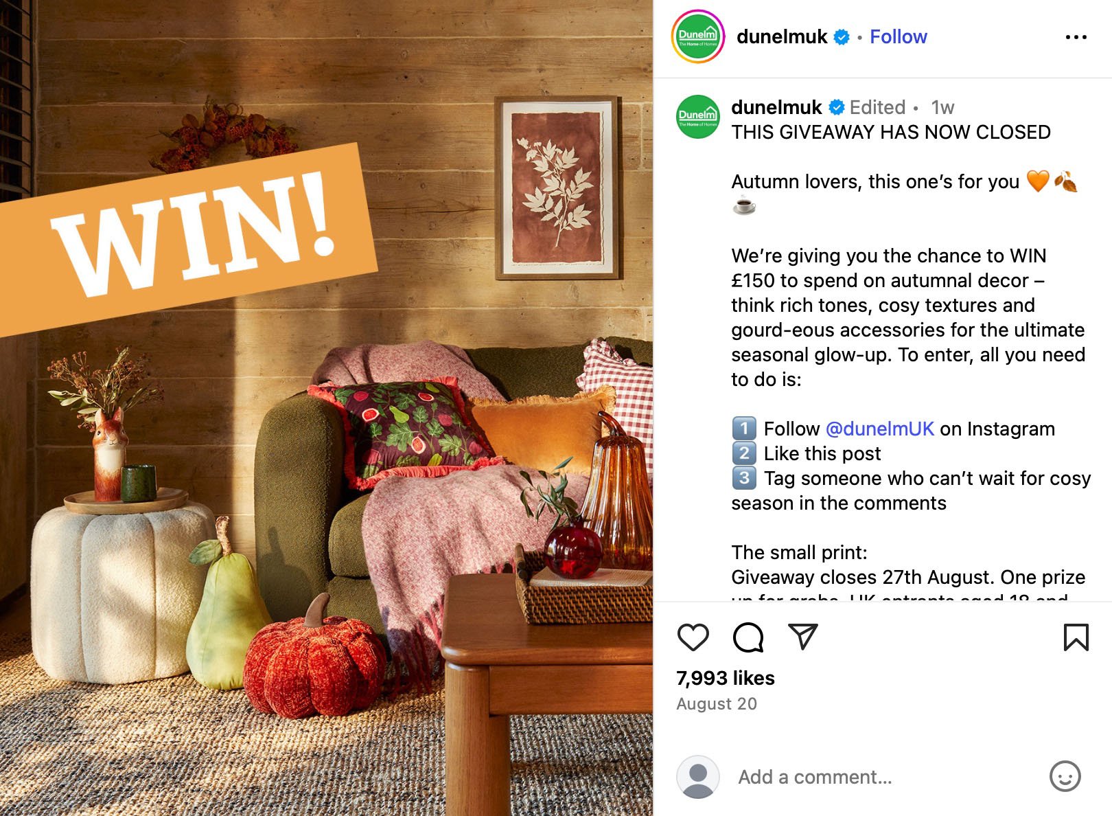 Dunelm Instagram giveaway offering £150 voucher for autumn home décor