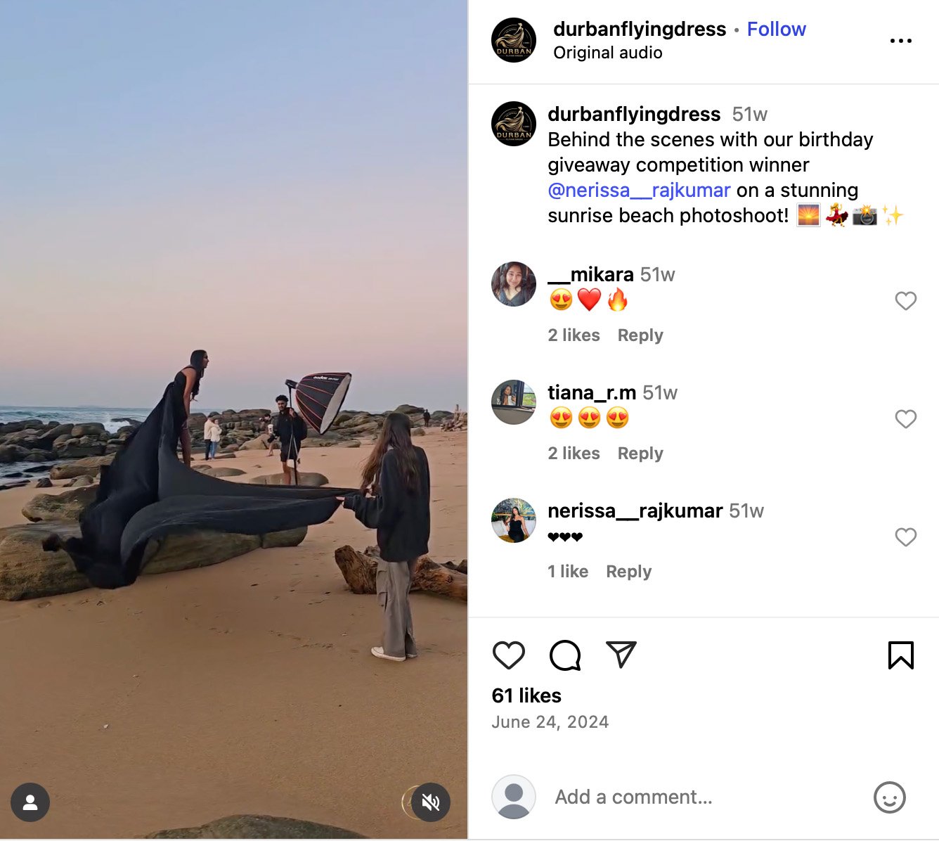 Behind-the-scenes beach photoshoot with giveaway winner and Durban Flying Dress team at sunrise