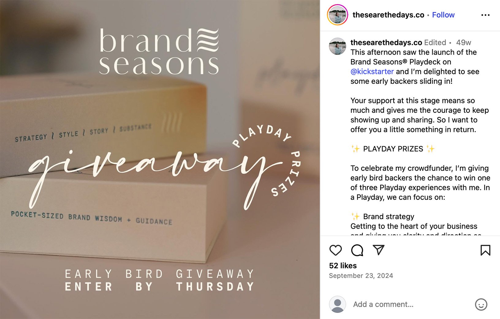 Instagram post showing a Kickstarter early bird giveaway announcement with a branded product box