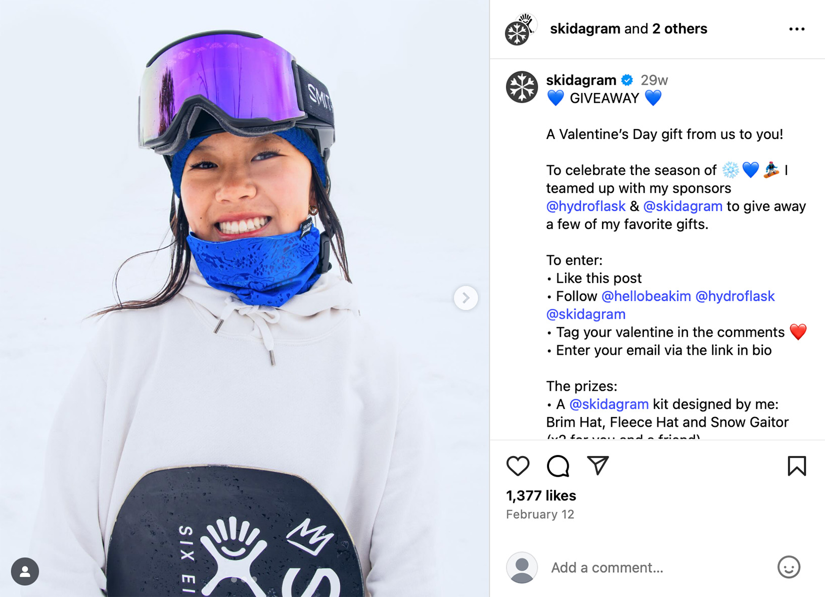 Instagram Valentine’s giveaway post by Skidagram featuring a snowboarder promoting a prize kit with Hydroflask and winter gear