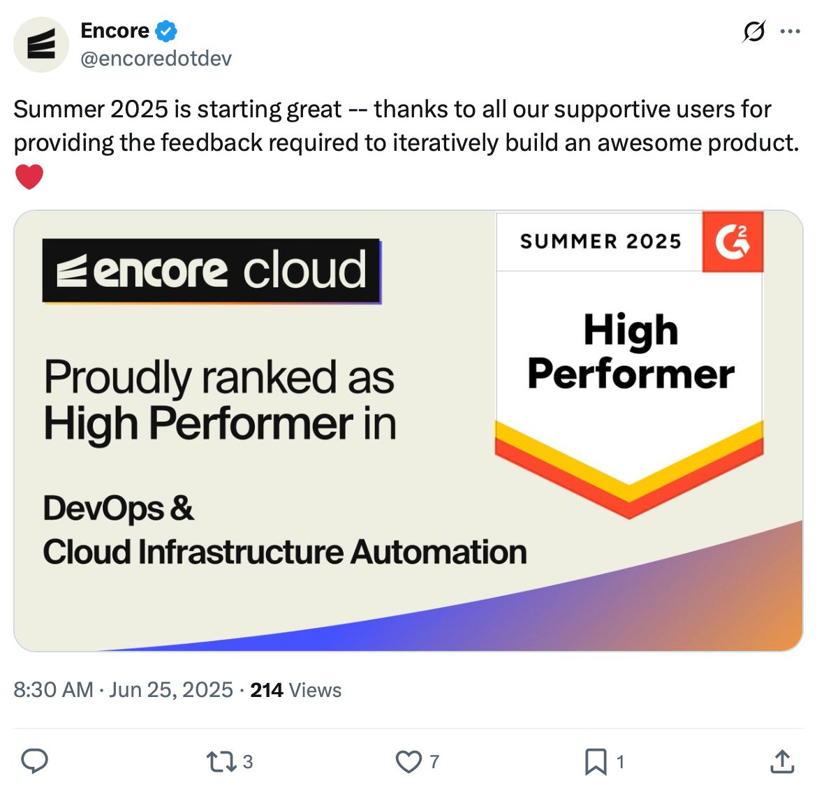 Encore thanks users for their support after being ranked a High Performer in DevOps and Cloud Infrastructure Automation