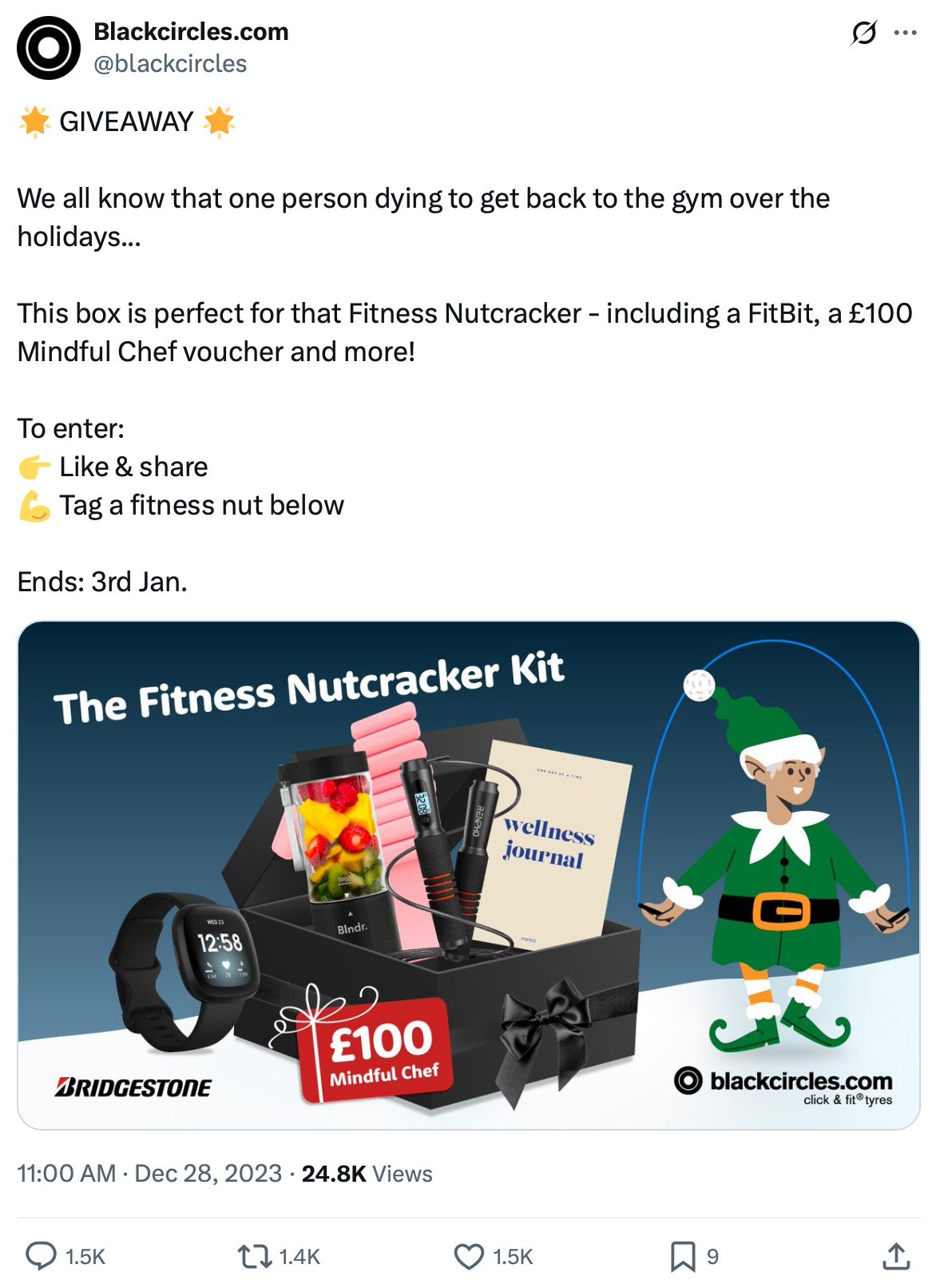 X post from Blackcircles.com announcing a giveaway for a Fitness Nutcracker Kit, showing a box with a smartwatch, fruit blender, skipping rope, wellness journal and a £100 Mindful Chef voucher, with brand logos