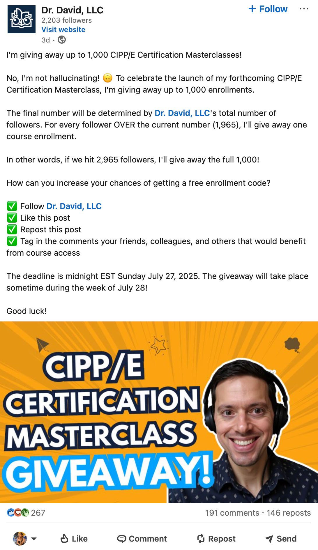LinkedIn post from Dr. David, LLC announcing a giveaway of up to 1,000 CIPP/E Certification Masterclass enrollments