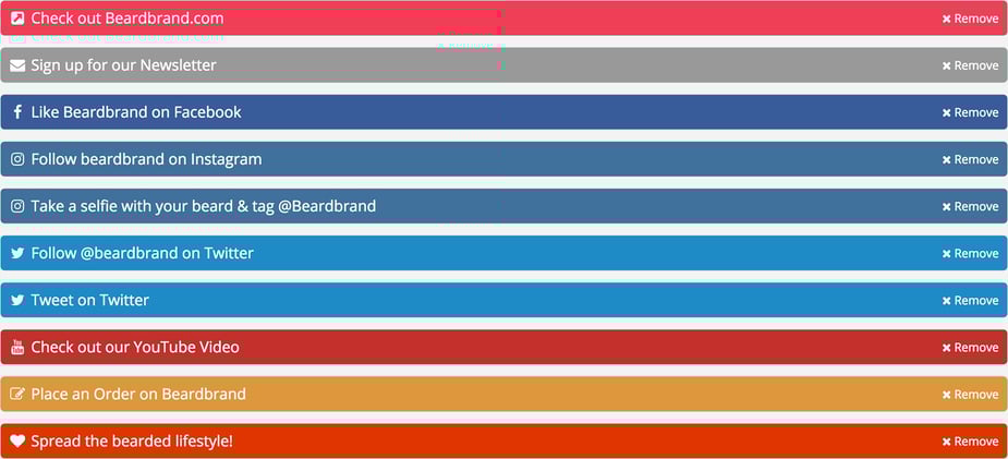 List of actions from Beardbrand's giveaway campaign