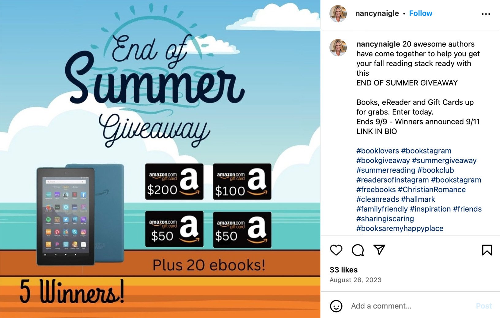 Instagram post promoting an eReader giveaway for book lovers