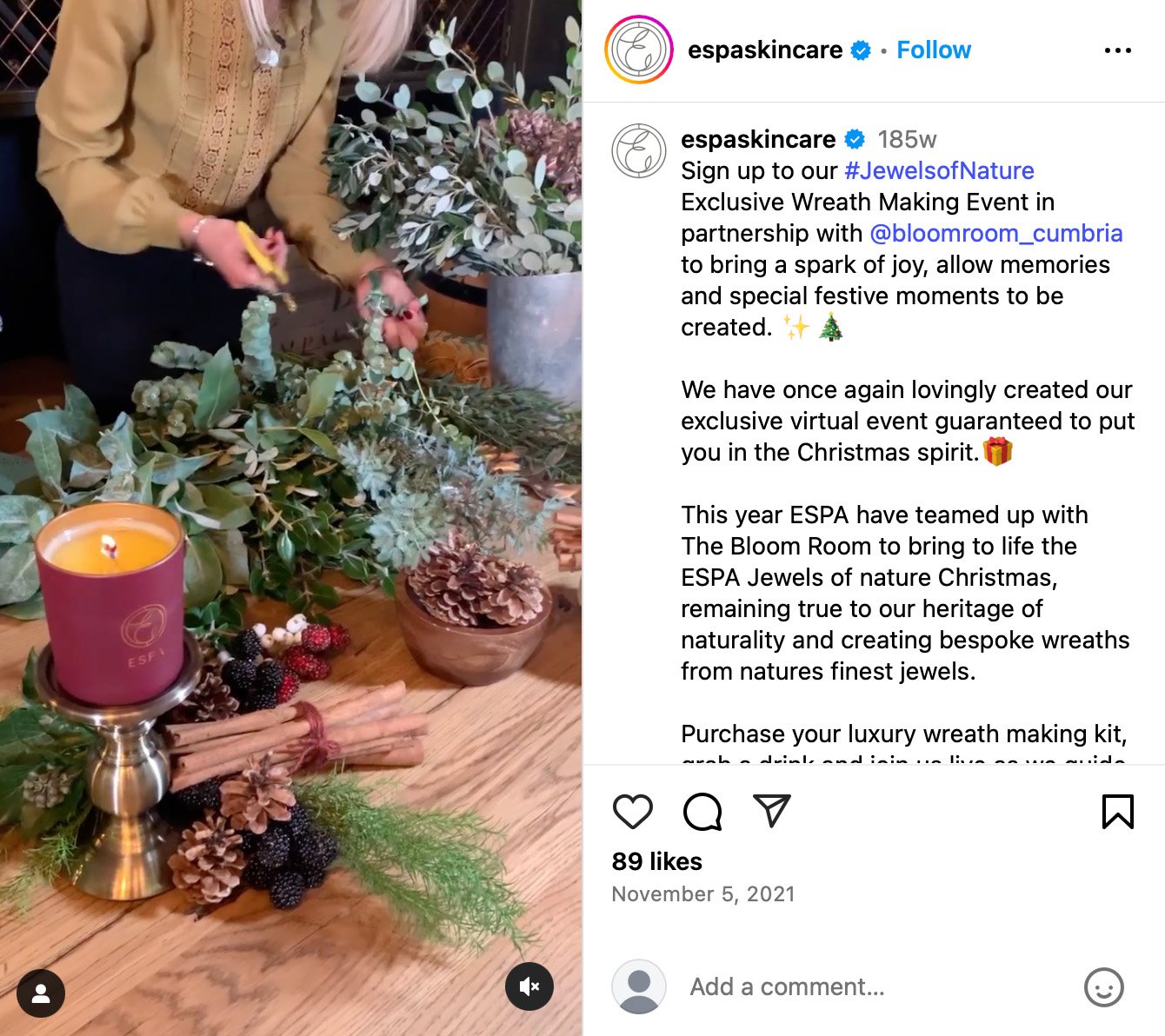 ESPA Instagram Reel promoting a wellness giveaway featuring luxury skincare products and calming visuals