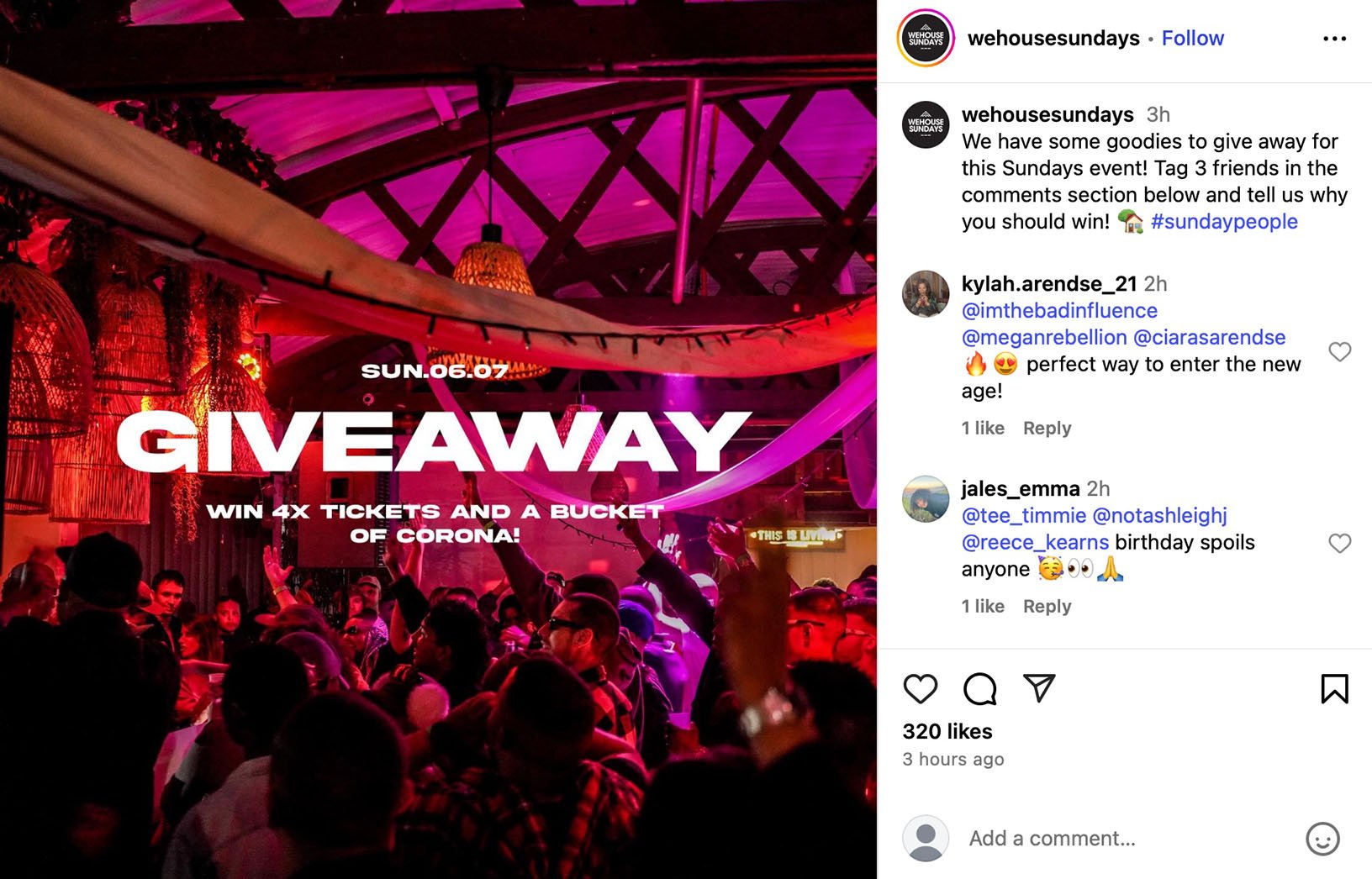 Instagram giveaway post from We House Sundays offering tickets and a bucket of Corona for tagging friends