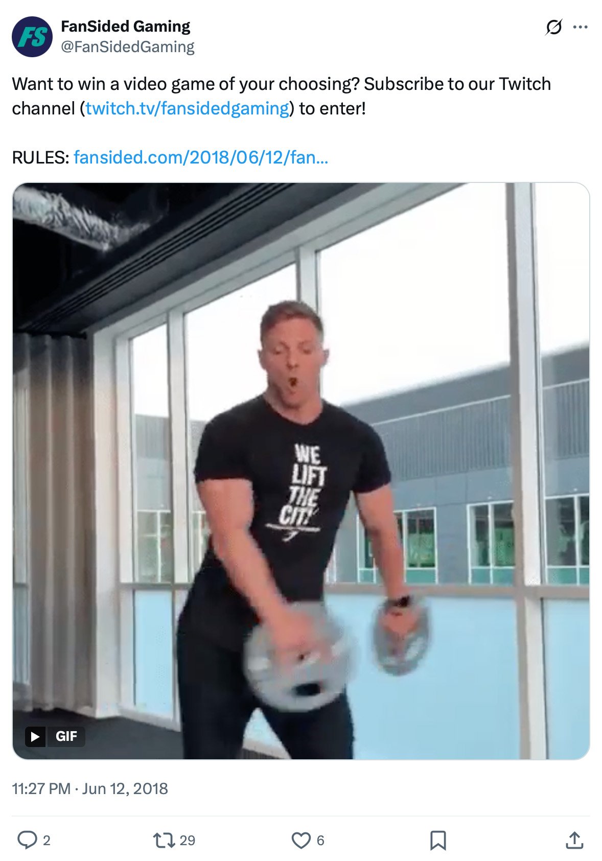 Twitter post by FanSided Gaming promoting a Twitch giveaway with a GIF of a man dancing with weights