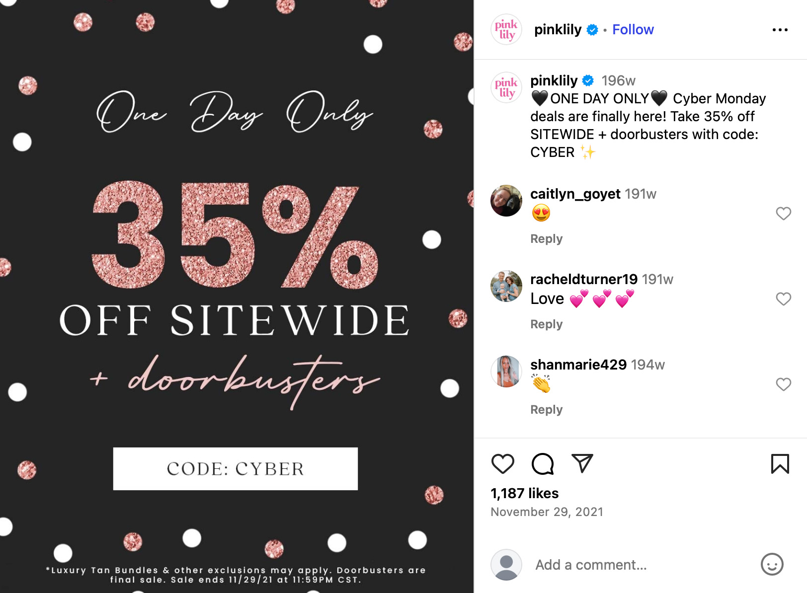 Pink Lily Cyber Monday fashion promotion offering 35 percent off sitewide