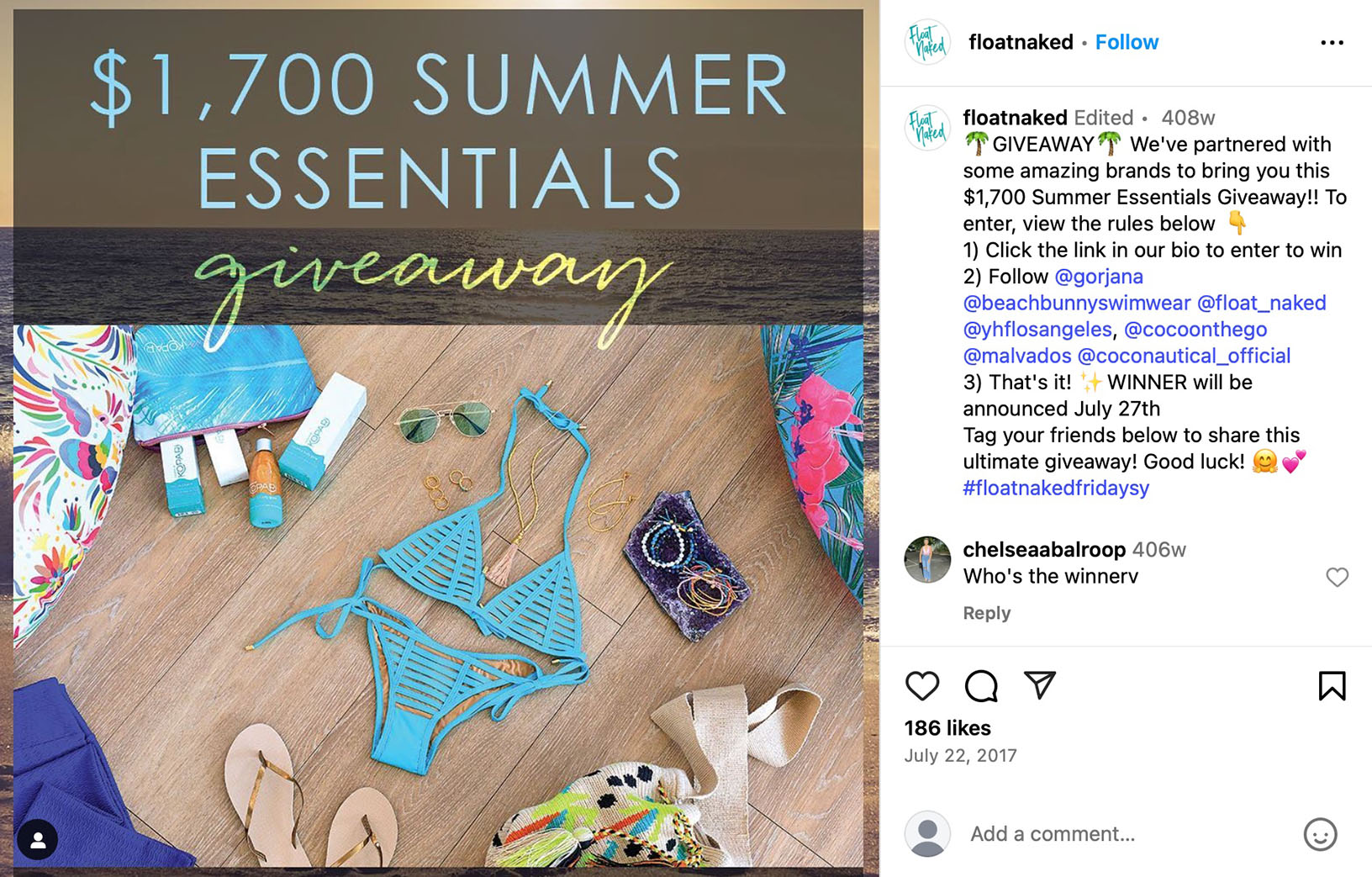 Instagram post featuring a giveaway of travel-themed prizes including branded merchandise