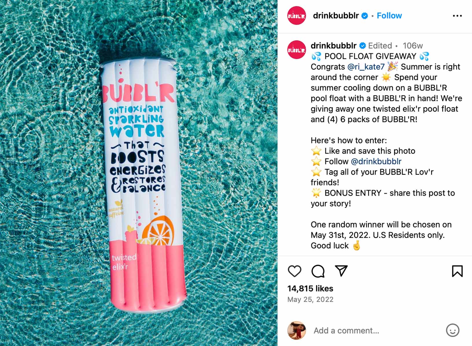 Instagram post promoting a floating lounger giveaway for summer relaxation