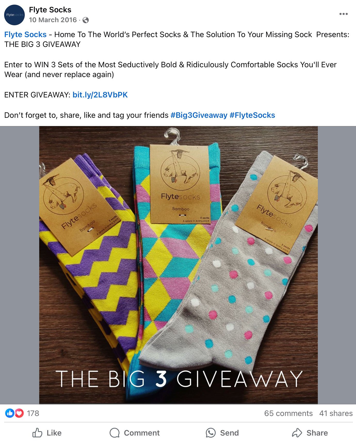 Flyte Socks giveaway promo with colourful patterned socks and bold text '3 winners, 3 sets of socks'