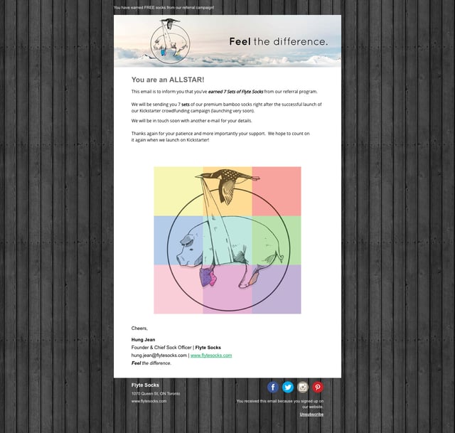 Flyte Sock's referral program email notification