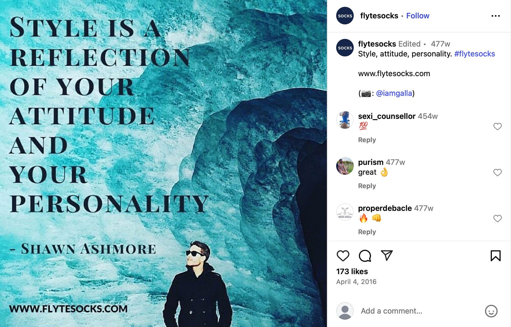 Man standing in front of icy cave wall with quote 'Style is a reflection of your attitude and your personality' by Shawn Ashmore