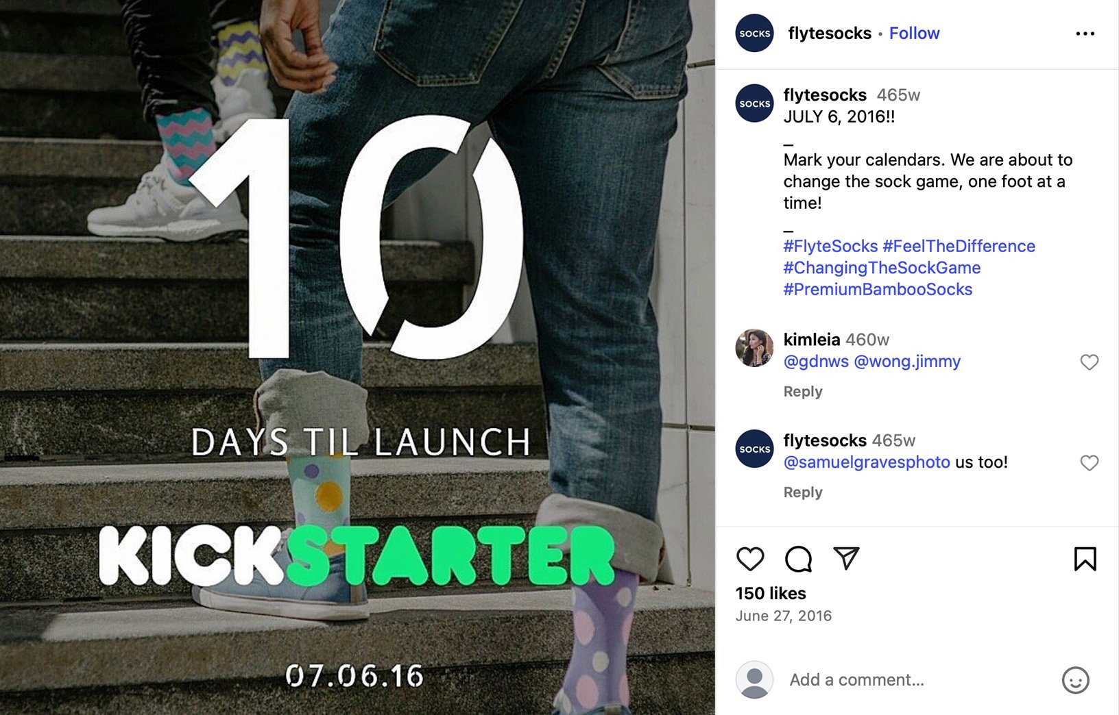 Flyte Socks promo image showing colourful socks on stairs with text '10 Days Til Launch – Kickstarter 07.06.16'