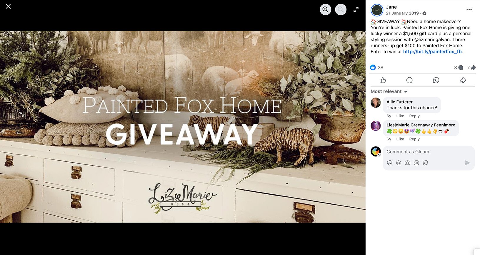 Decorated console with cushions, faux greenery, and animal figurines promoting a Painted Fox Home giveaway