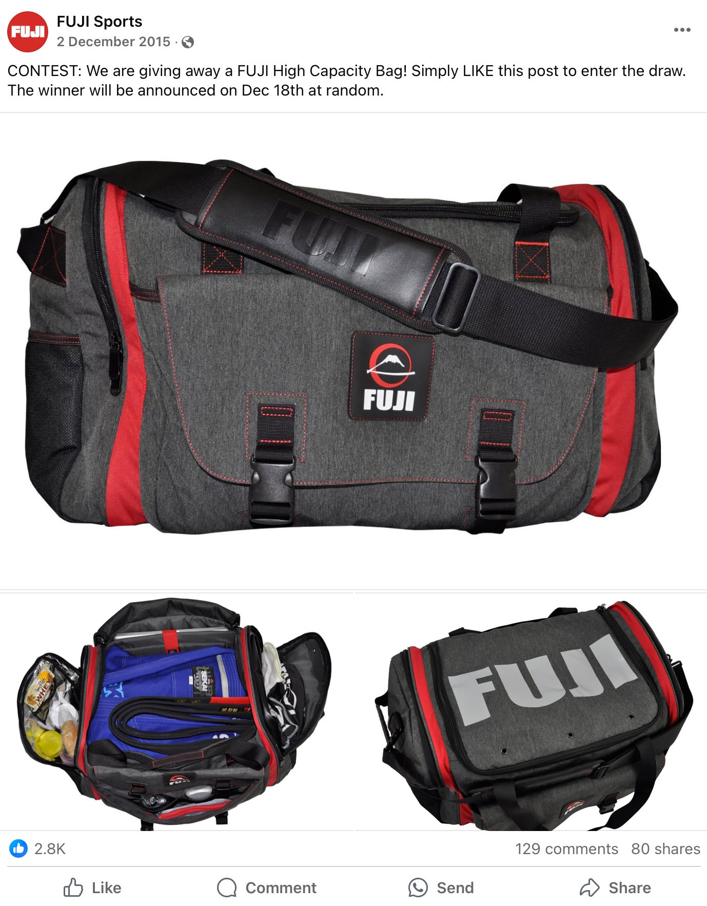 Fuji Sports Facebook post promoting a martial arts gear giveaway with branded apparel and accessories