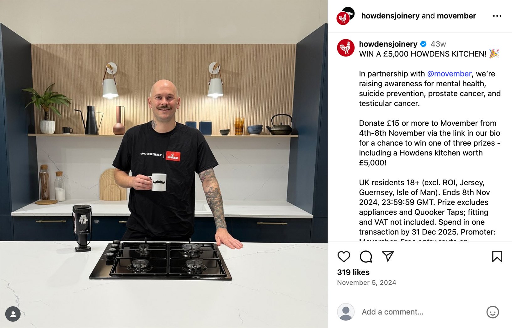 Instagram giveaway by Howdens offering a £5,000 kitchen prize in support of Movember fundraising