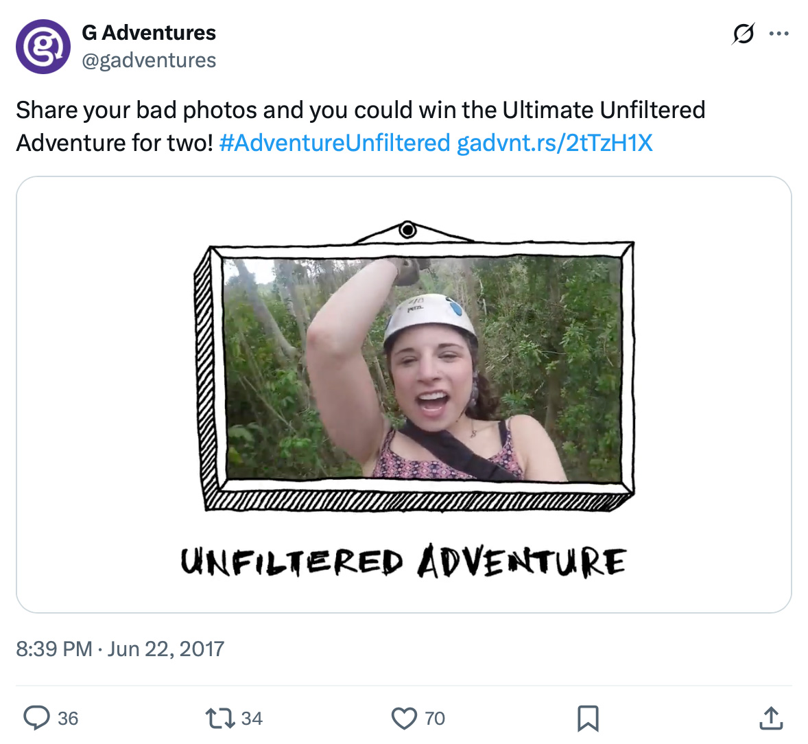 A woman mid-scream ziplining through trees, framed as part of a G Adventures Unfiltered Adventure contest