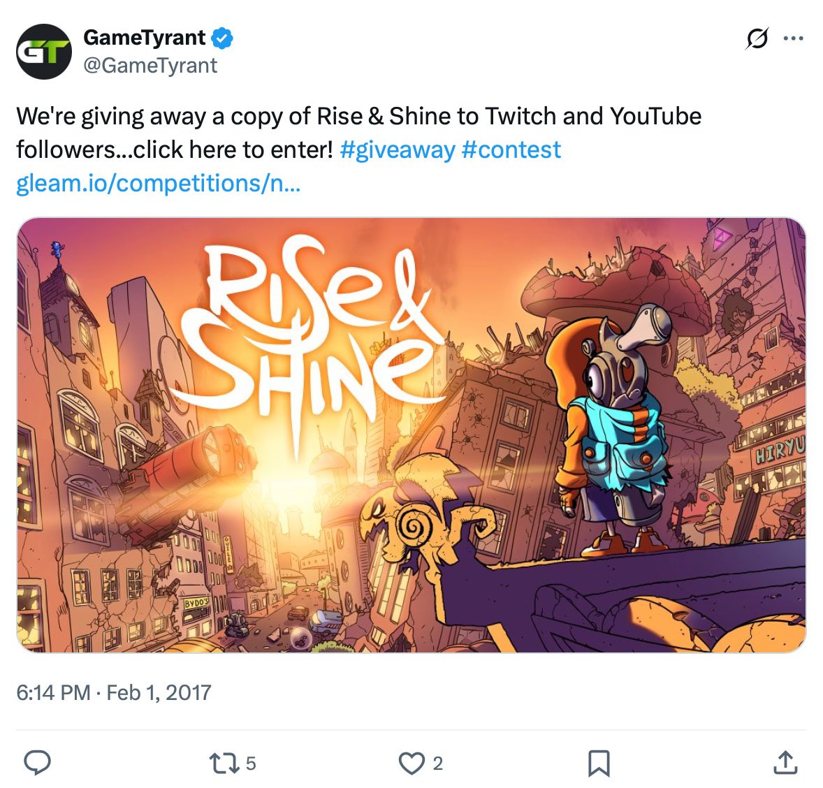 GameTyrant Twitter post announcing a gaming giveaway with branded merchandise