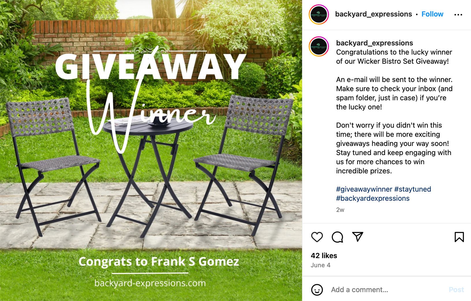 Instagram post showcasing a garden furniture giveaway for outdoor living