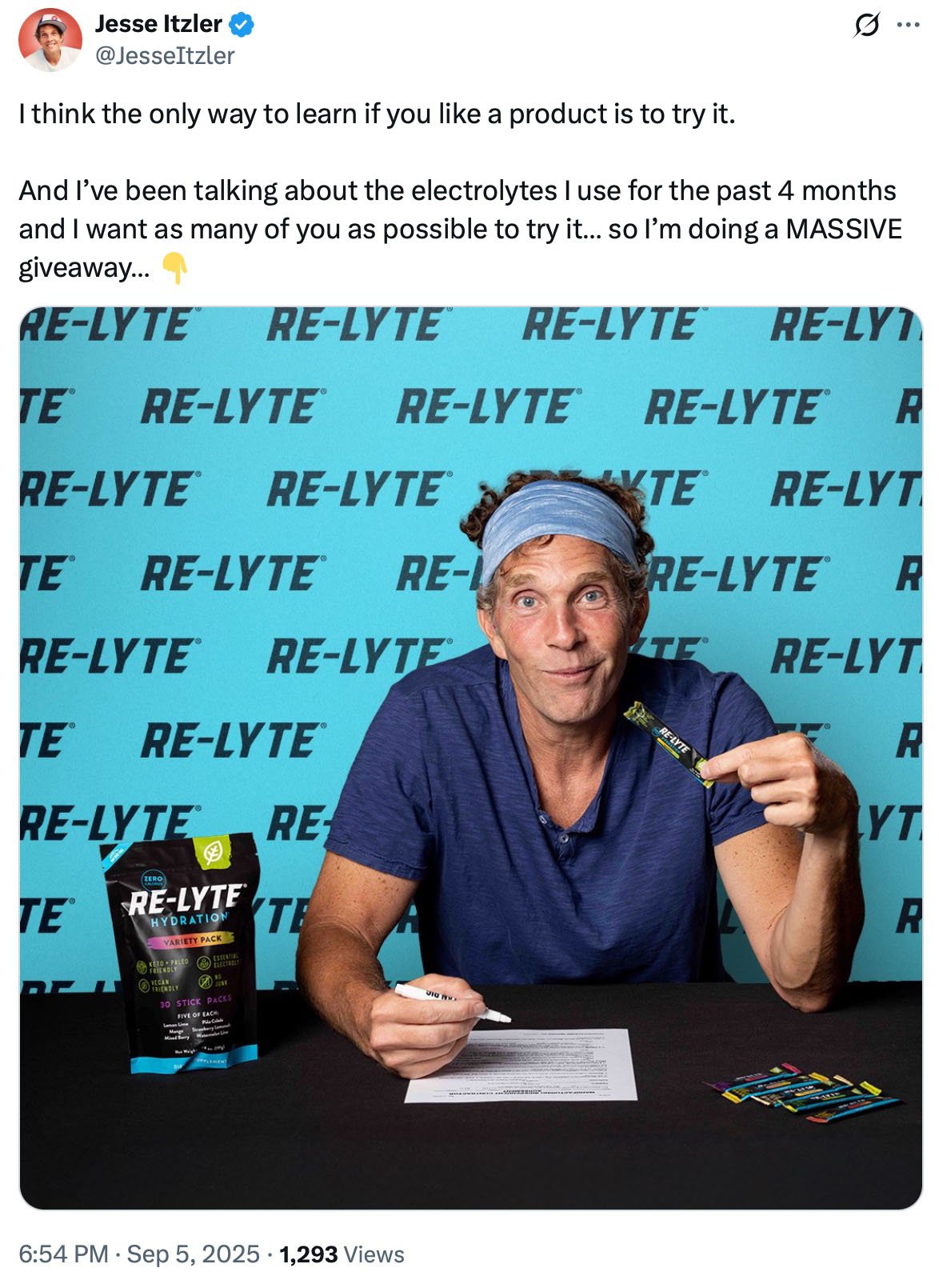 Tweet by Jesse Itzler announcing a massive product giveaway for Re-Lyte electrolytes