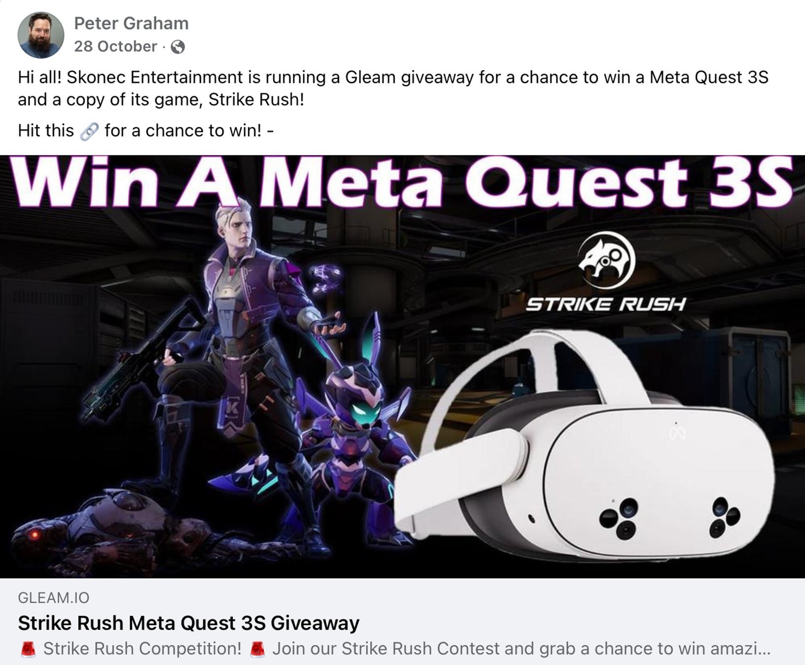 Facebook group post featuring a giveaway promotion