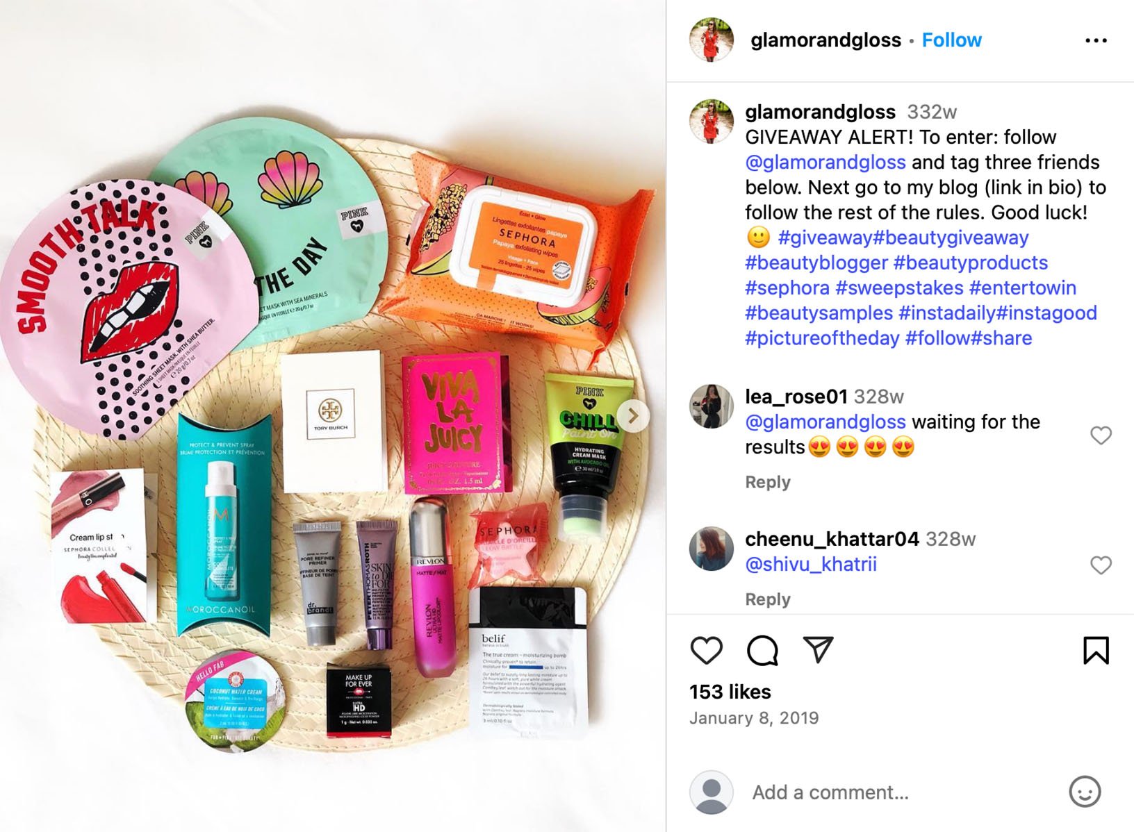 Glamour and Gloss Instagram post promoting a beauty and lifestyle giveaway package