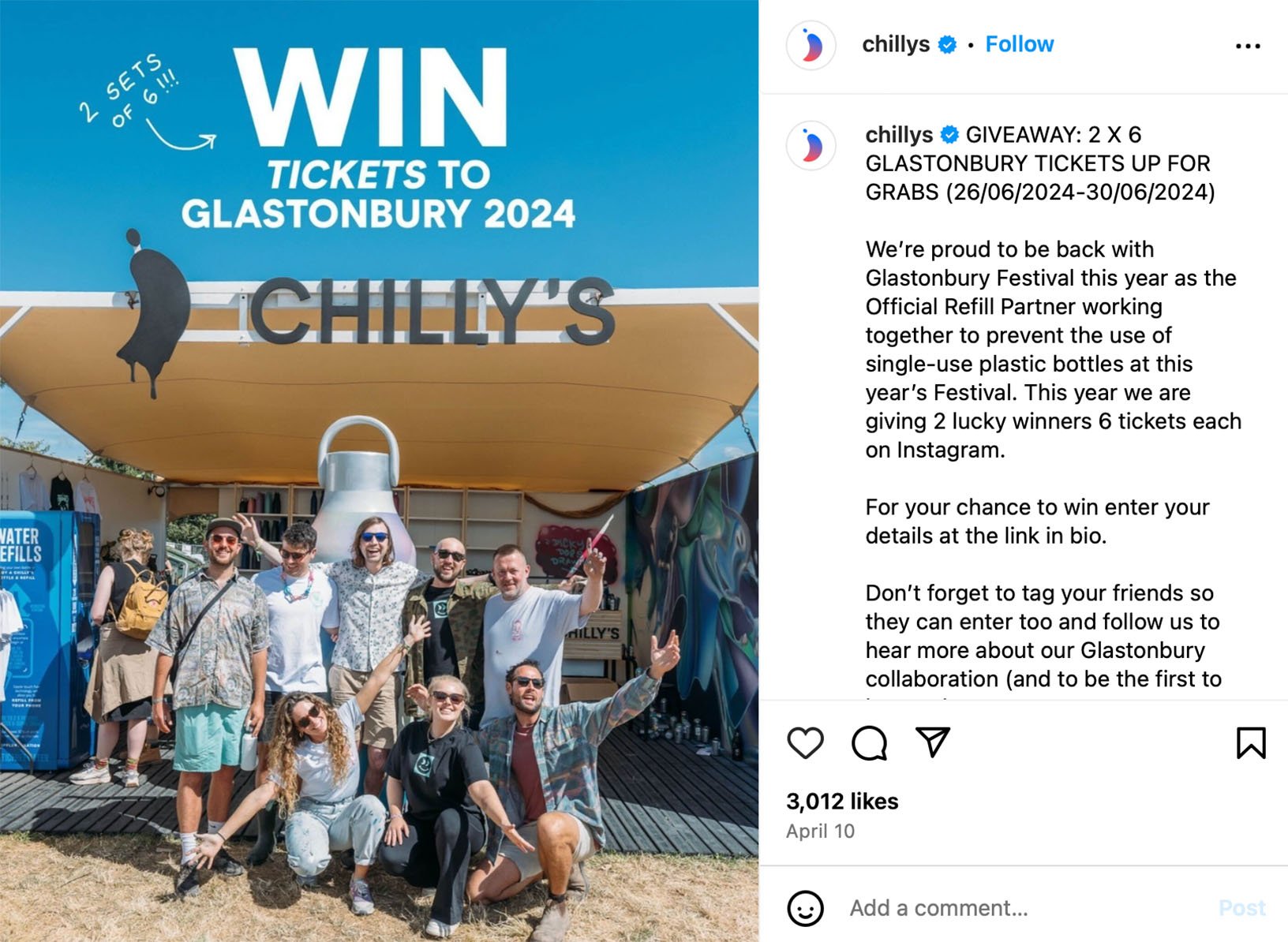 Instagram post promoting a Glastonbury tickets giveaway for festival fans