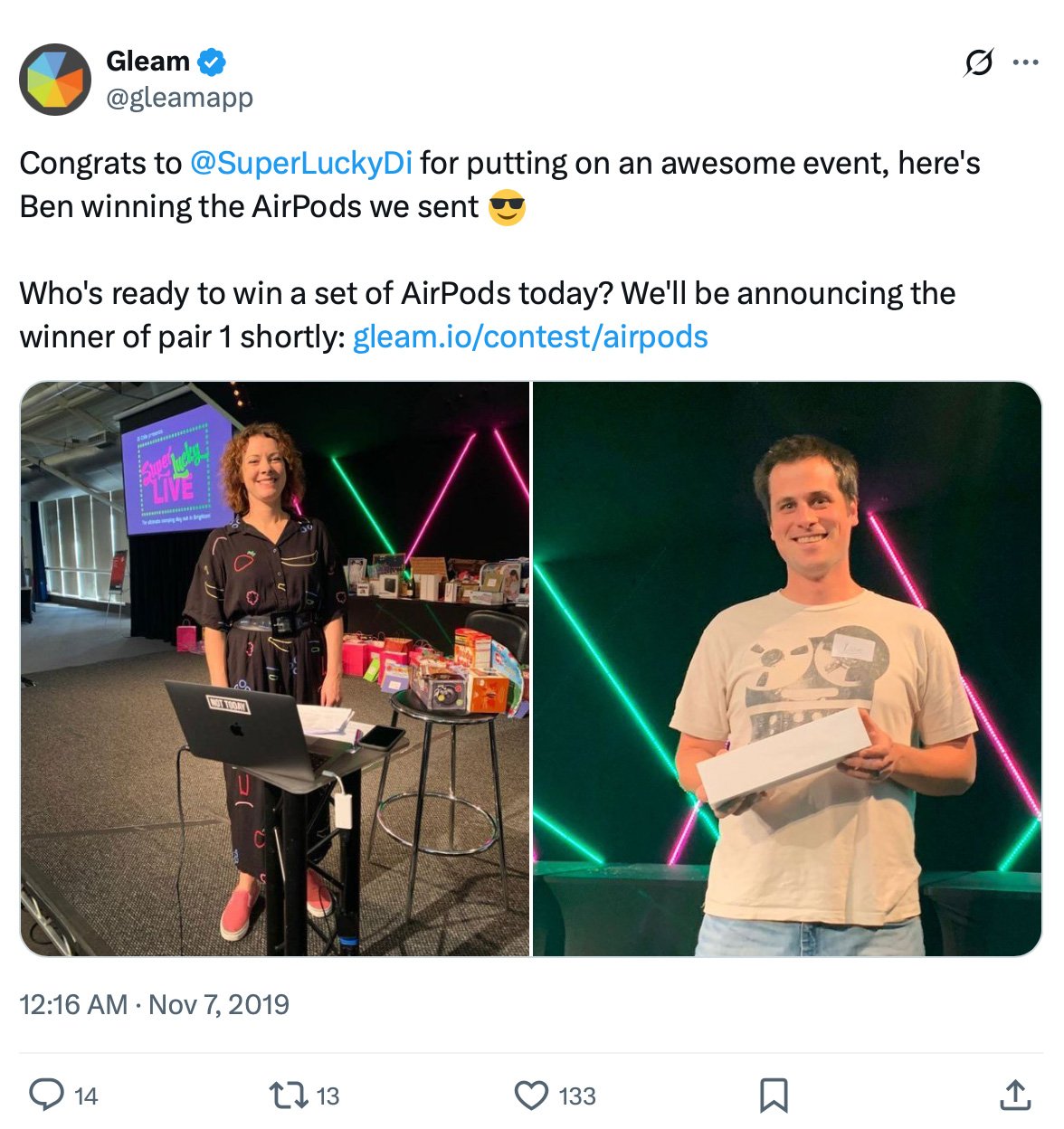 Two photos side by side—one of a woman at an event booth with giveaway prizes, and the other of a man holding a box of AirPods with neon lights behind