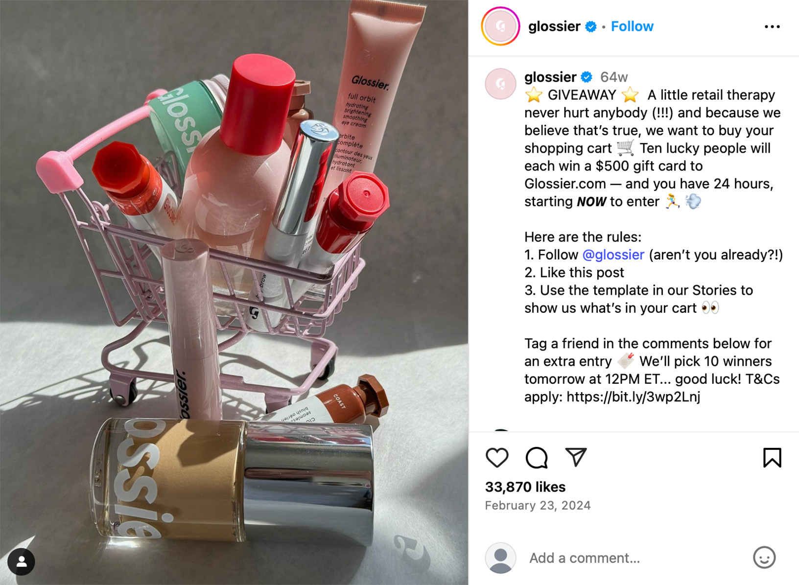 Glossier Instagram post promoting a beauty product giveaway with a curated skincare set