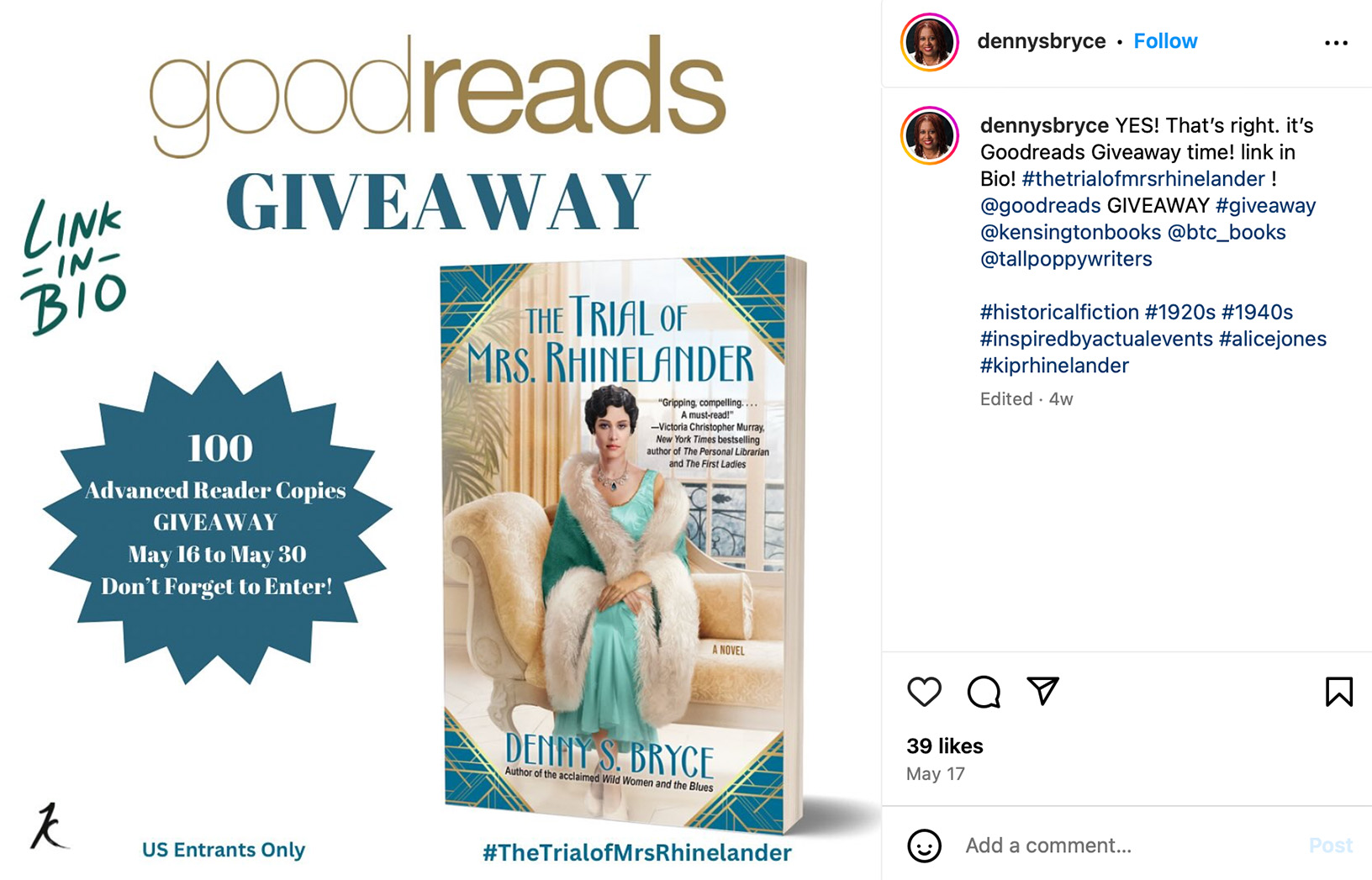 Instagram post promoting a Goodreads giveaway for book readers